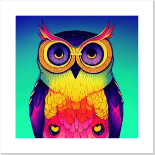 Colorful Owl Portrait Illustration - Bright Vibrant Colors Bohemian Style Feathers Psychedelic Bird Animal Rainbow Colored Art Posters and Art